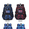 Four colorful gaming themed backpacks in blue, red, and blue lightning colors.