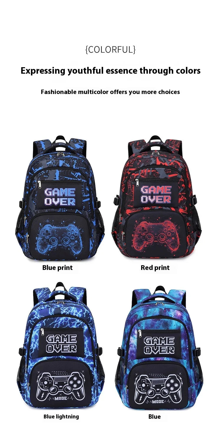 Four colorful gaming themed backpacks in blue, red, and blue lightning colors.