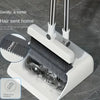 A white folding broom and dustpan set with aluminum handles is shown, featuring a silicone broom silk head.