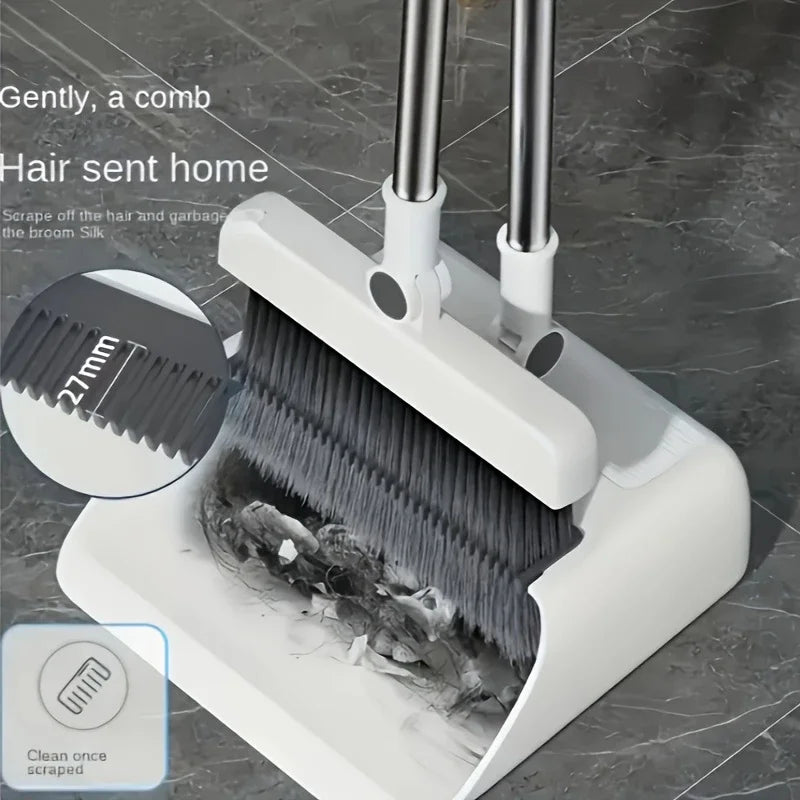 A white folding broom and dustpan set with aluminum handles is shown, featuring a silicone broom silk head.