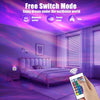 A person is using a smartphone to control a Galaxy Aurora LED Night Light projector in a bedroom setting.