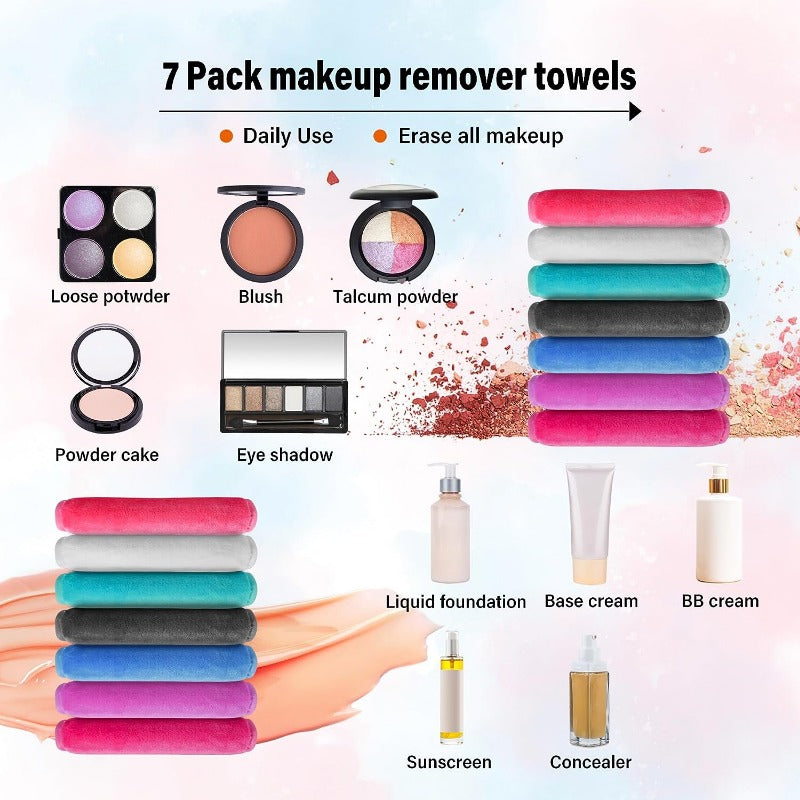 A set of seven reusable makeup remover towels and powder cakes for daily use and makeup removal.