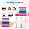 A set of seven reusable makeup remover towels and various cosmetic products including powder cake eyeshadow blush foundation 
