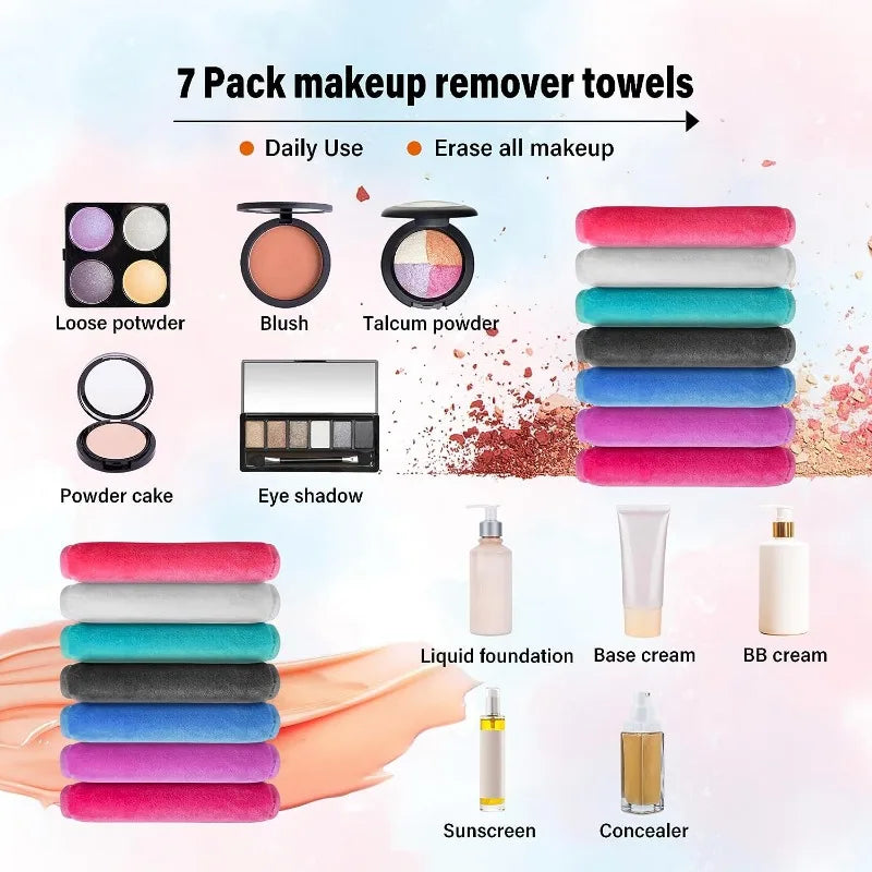 A set of seven reusable makeup remover towels and various cosmetic products including powder cake eyeshadow blush foundation 