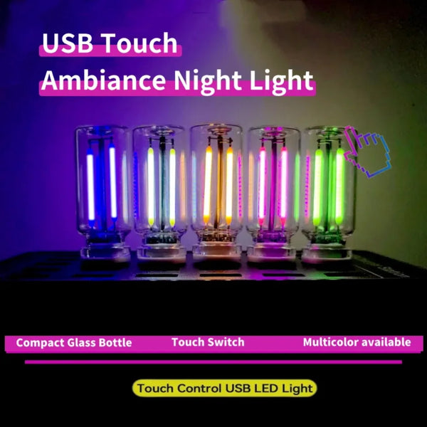 Ein Set kompakter Glasflaschen mit Tastsensoren, die mehrfarbige LED-Filamente beleuchten.