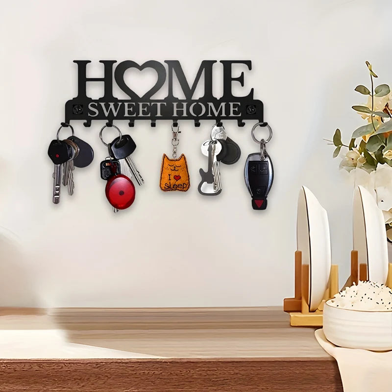 Black Metal Wall-Mounted Key Holder with 10 Hooks