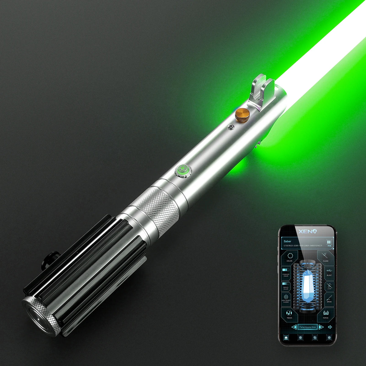 A silver lightsaber with a green blade is shown next to a smartphone.