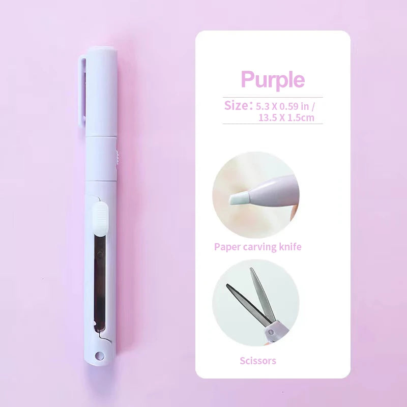 A purple paper carving knife and scissors set displayed on a white card against a pink background.