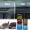 Before and after comparison showing a vinyl plastic coating application on a car interior trim piece