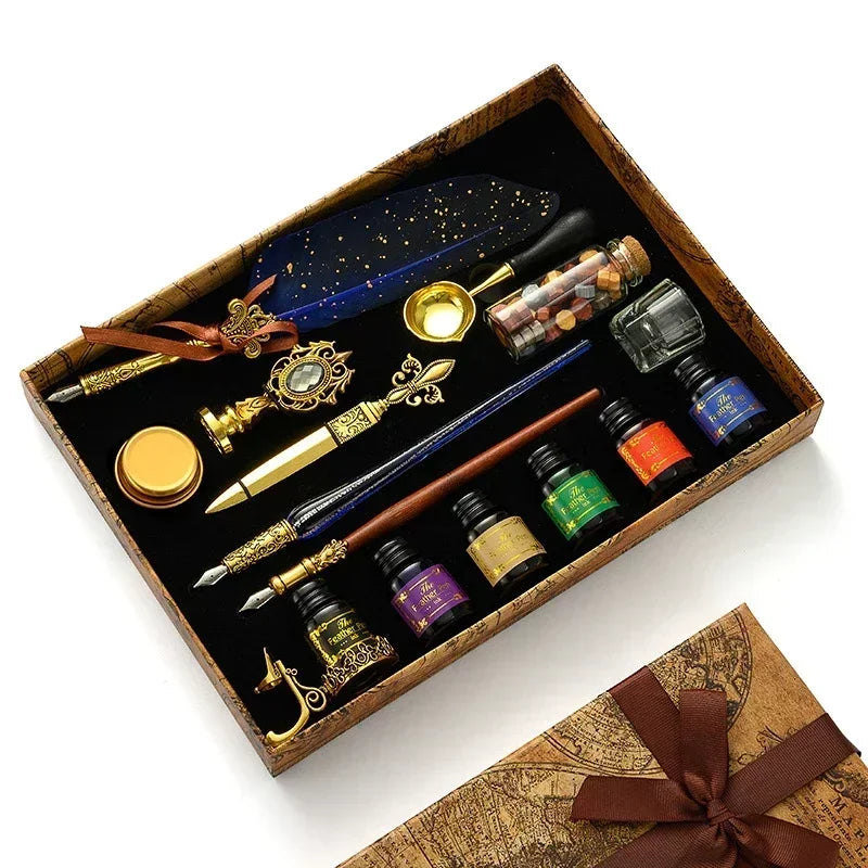 A wooden box contains a vintage calligraphy fountain pen set with various tools and a wax seal stamp kit.