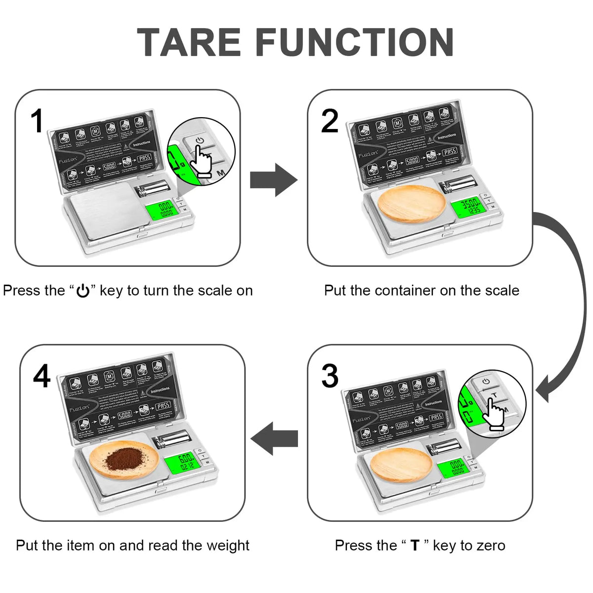 Instructions for using a tare function on a digital pocket scale, showing steps to turn on the scale and read the weight.