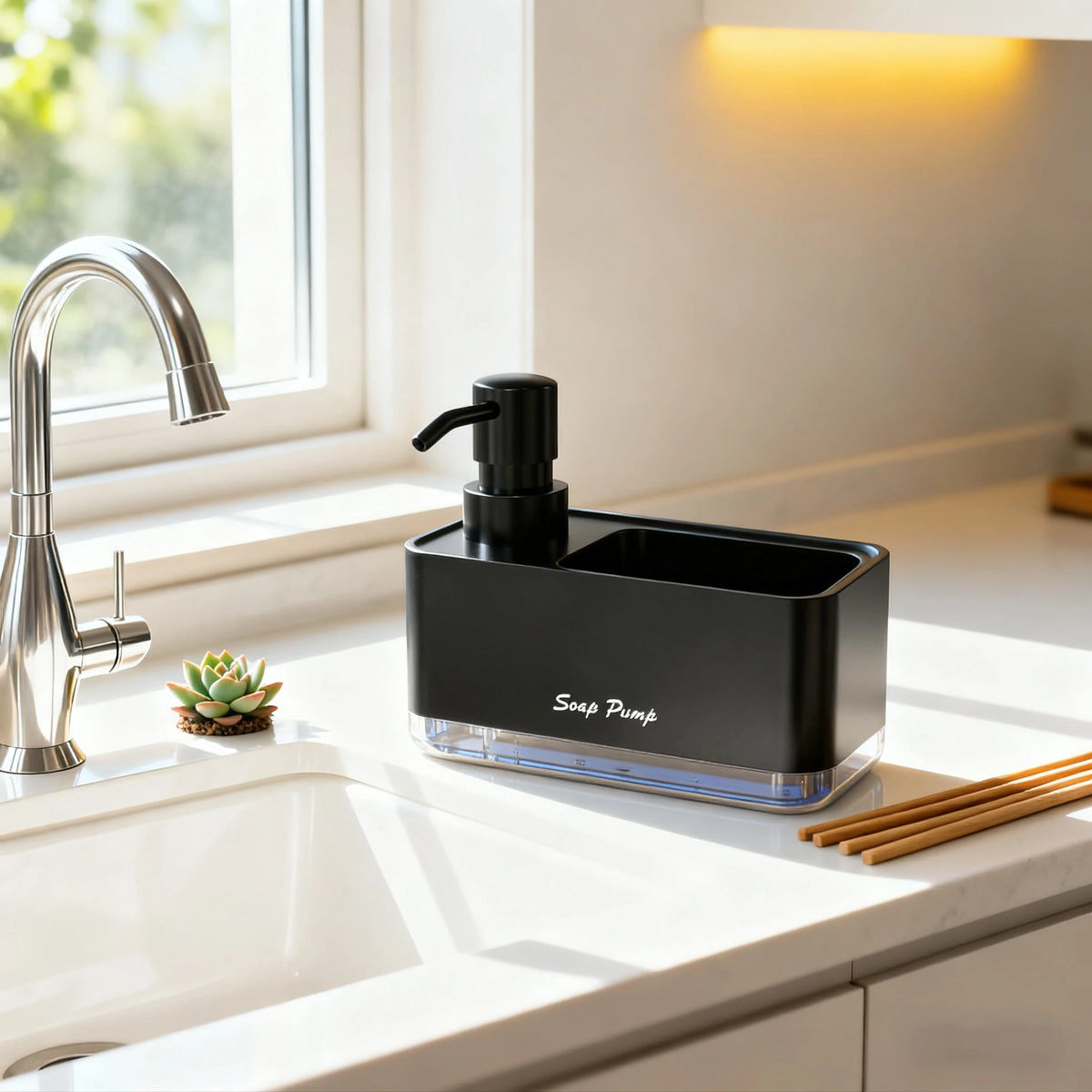 A black soap pump dispenser sits on a white kitchen countertop next to a silver faucet and wooden dish brushes.