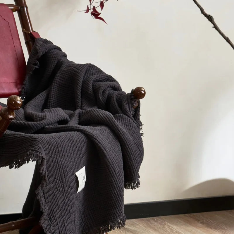 Four-Layer Cotton Gauze Throw Blanket with Tassel Trim