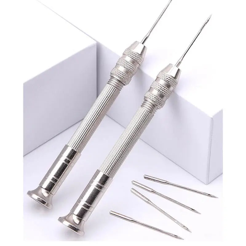 A set of leather sewing awls with replaceable needles shown against a white background.