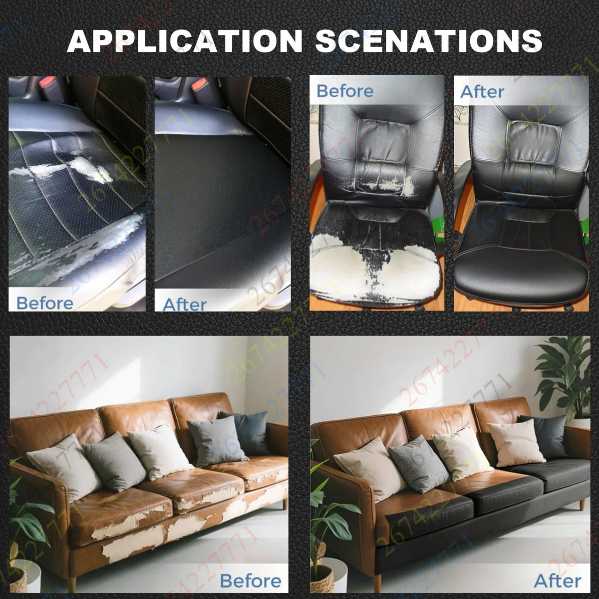 Before and after comparison showing the repair of a leather surface using self-adhesive faux leather repair tape.