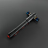 A black lightsaber with a metallic hilt and motion control feature is displayed on a dark surface.