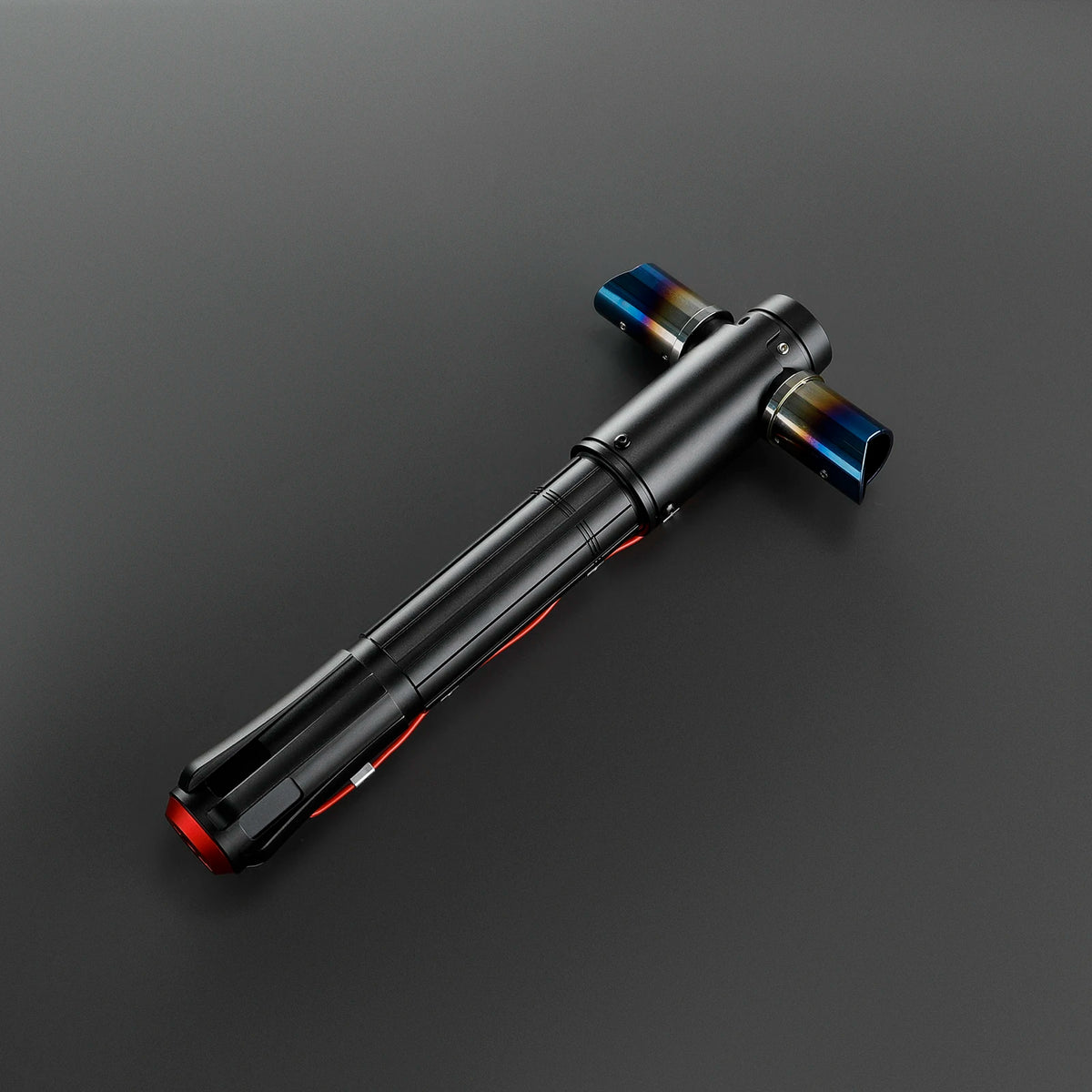A black lightsaber with a metallic hilt and motion control feature is displayed on a dark surface.