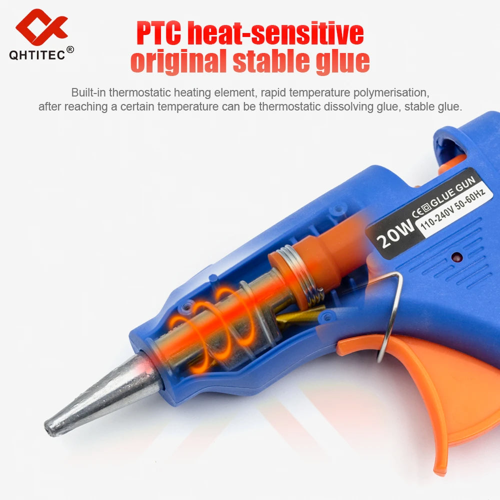 A blue hot glue gun is shown with an orange glue stick, demonstrating a PTC heat-sensitive original stable glue.