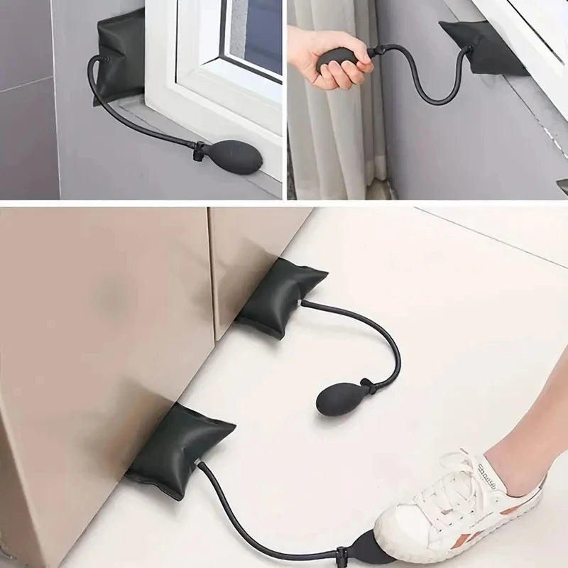 A hand is using an inflatable air wedge tool to repair a car door or window, shown in close-up.