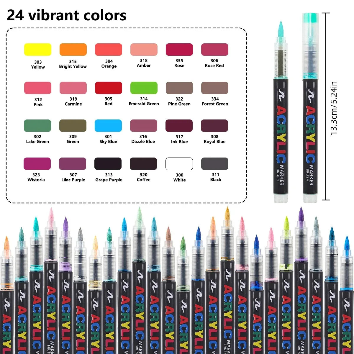 A set of 24 vibrant acrylic markers in various colors, including yellow, pink, orange, and green shades.