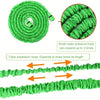 Green triple expansion hose coiled and stretched out, showing its length and flexibility.