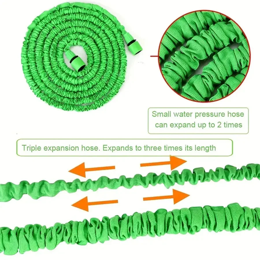 Green triple expansion hose coiled and stretched out, showing its length and flexibility.