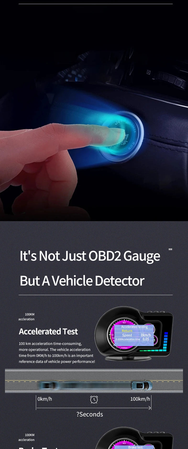A hand touches a blue light on a vehicle, demonstrating the OBD2 gauge feature of a Smart Fortwo device.