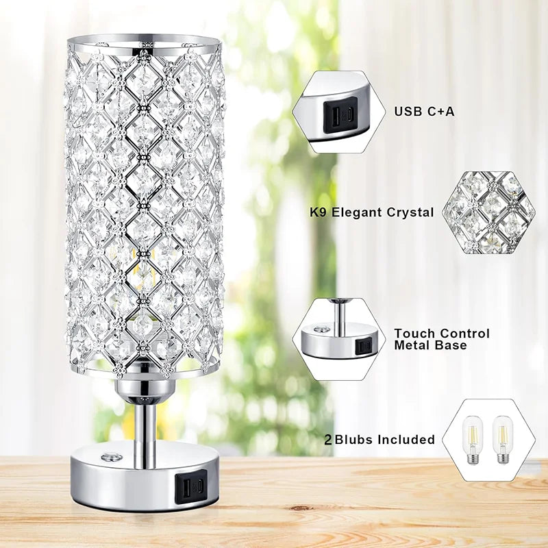 A silver crystal table lamp featuring a diamond pattern and USB charging ports, with separate bulbs included.
