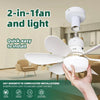 A hand is holding a white 2-in-1 fan and light assembly, demonstrating its quick installation.