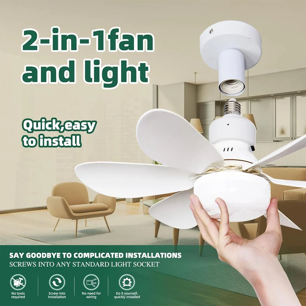 A hand is holding a white 2-in-1 fan and light assembly, demonstrating its quick installation.
