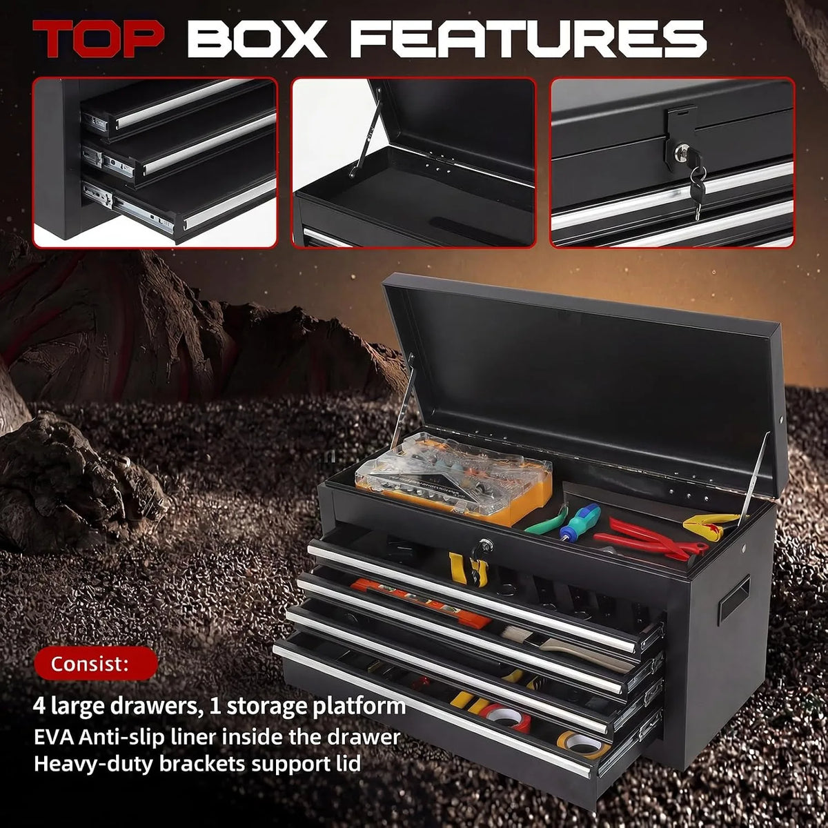 A black rolling tool cabinet with four drawers and a storage platform is shown open, displaying various tools.