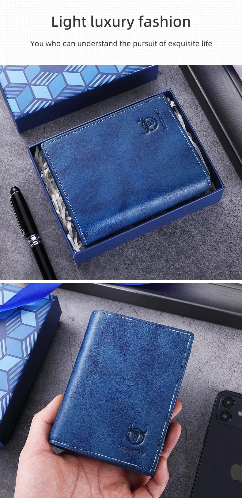 A dark blue genuine leather men's bifold wallet with RFID protection is shown in an open box and being held by a hand.