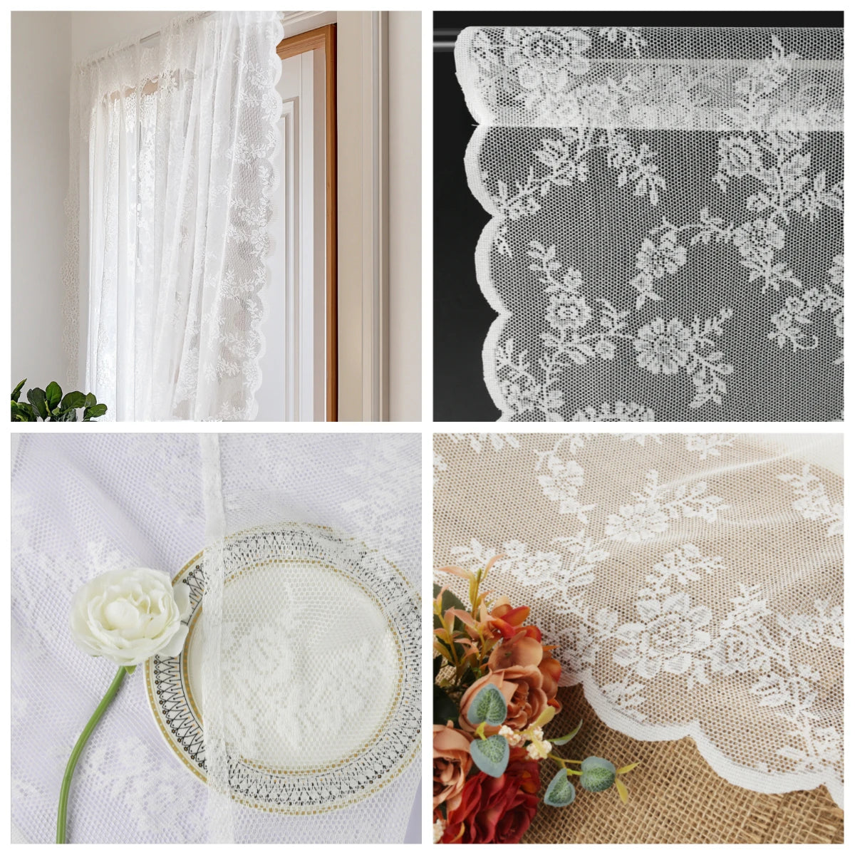 Close-up view of vintage floral lace sheer curtains and a white powdered substance on a plate