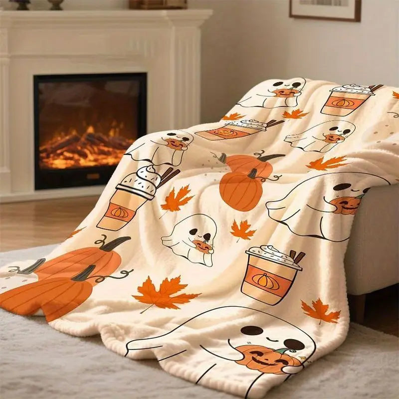 A cozy flannel throw blanket featuring an autumn design with pumpkin and maple leaf graphics.