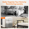 Before and after comparison showing a laundry basket organizing a bedroom.