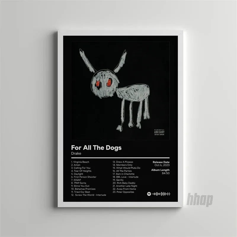 Black and white album art print featuring a stylized monster face on a canvas.