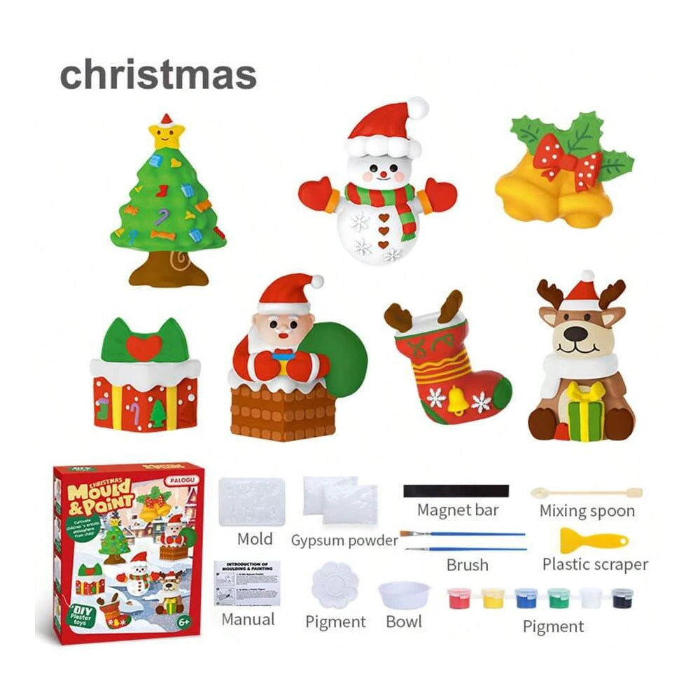 A Christmas themed painting craft kit with various tools including a mold, pigment, brush, and paint ingredients.