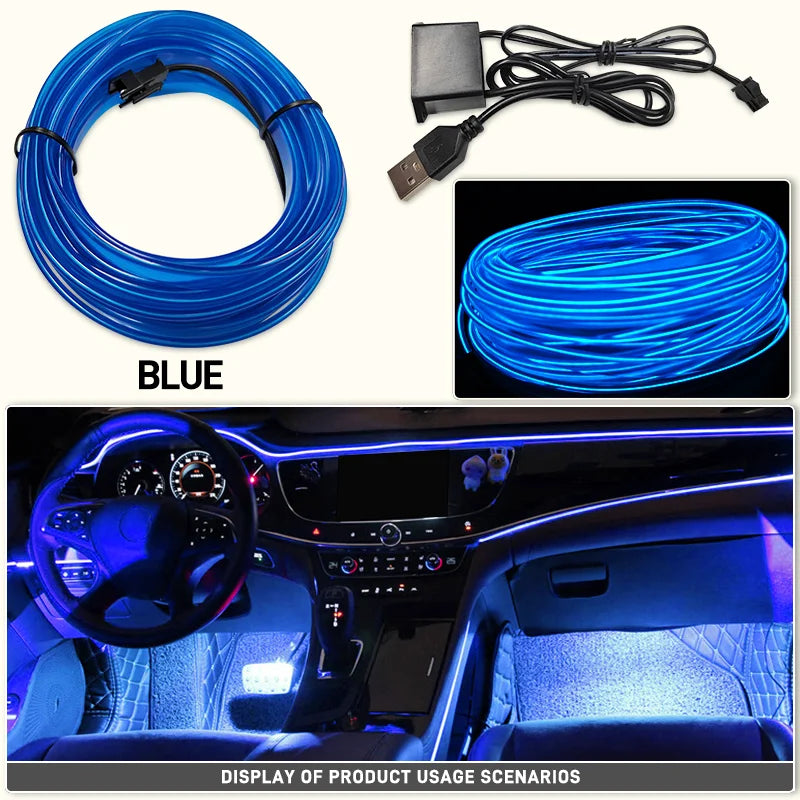 Blue flexible USB LED neon strip used for car interior ambient lighting, shown in various applications.