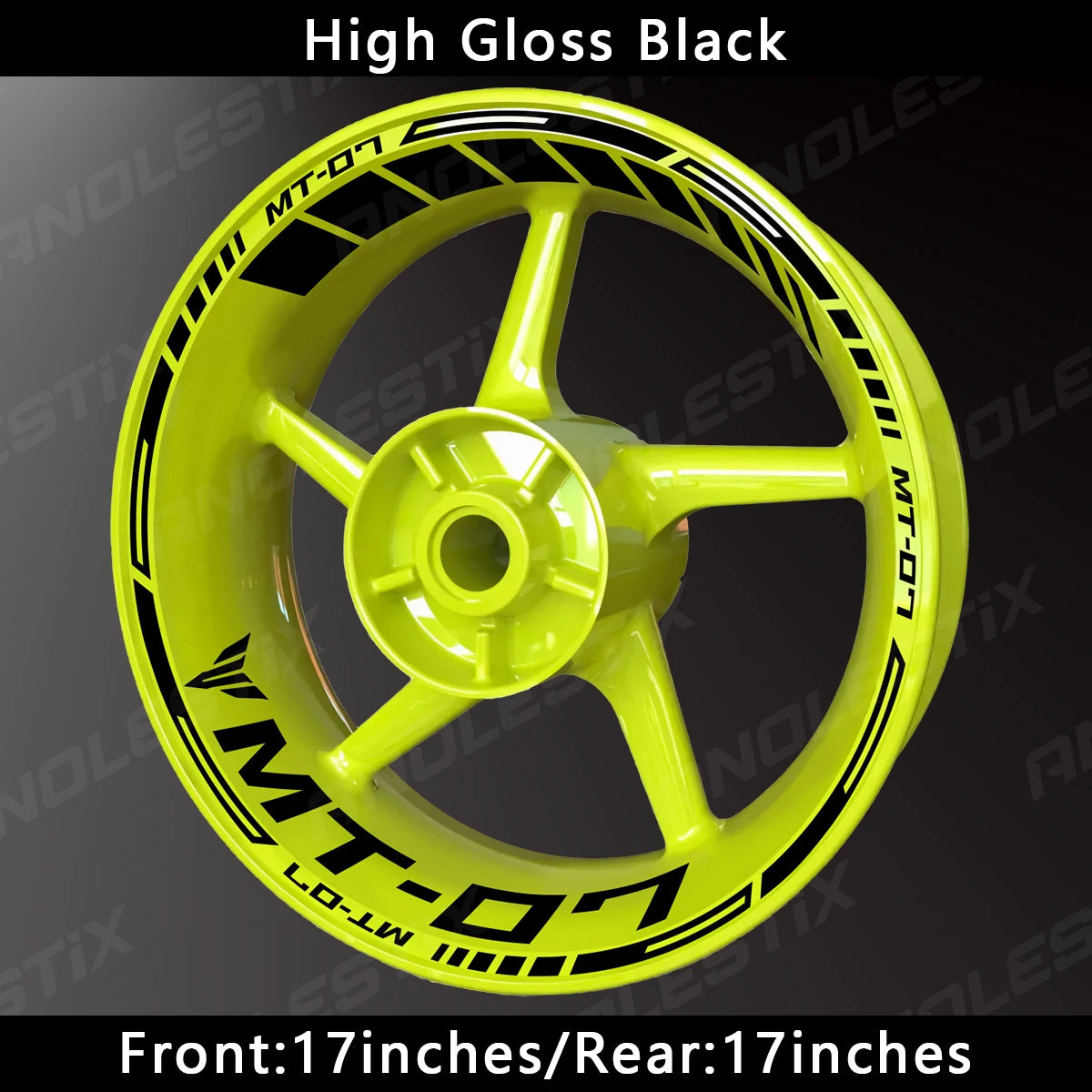 High Gloss Black yellow aftermarket wheel with black decals for Yamaha MT-07