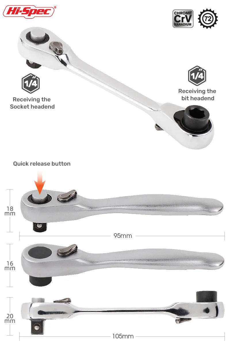 Compact Double-Ended Ratchet Wrench with Quick-Release Sockets