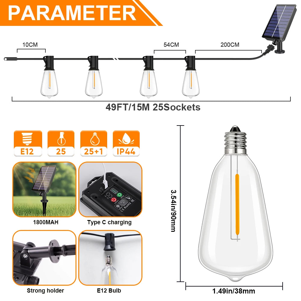 A set of 49FT/15M 25-socket solar string lights with E12 bulbs and a remote control.