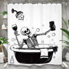 A black and white illustration of a skull skeleton emerging from a bathtub, designed for a shower curtain.
