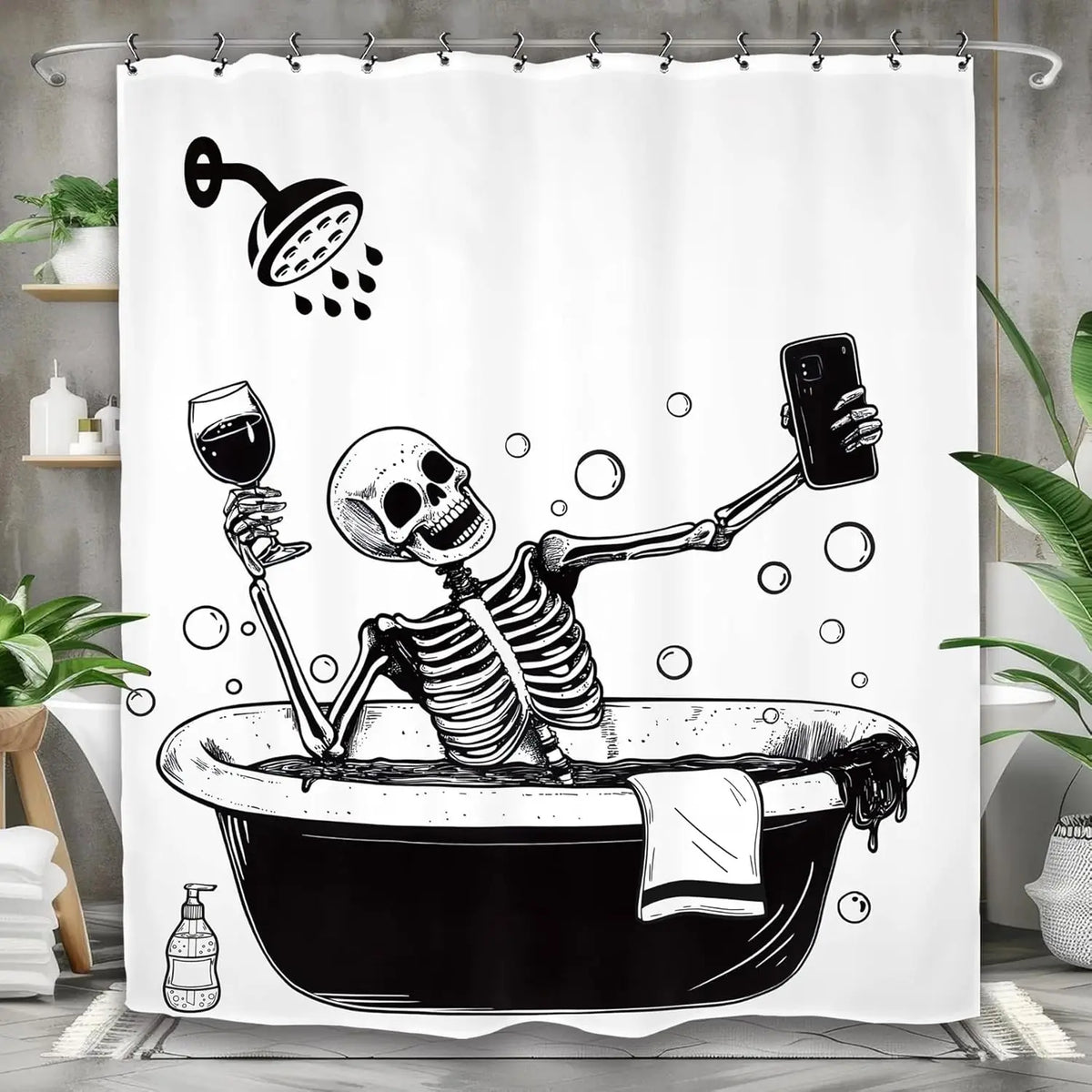 A black and white illustration of a skull skeleton emerging from a bathtub, designed for a shower curtain.