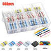 A plastic storage box containing various solder wire connectors and heat shrink components in different colors and quantities