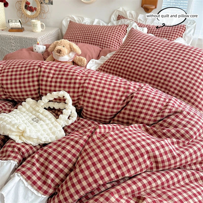 Red and Black Plaid Duvet Cover Set with Lace Embroidery
