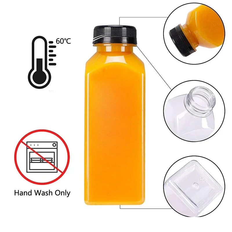 A clear glass juice bottle filled with orange liquid, showing instructions for hand washing and temperature guidelines.