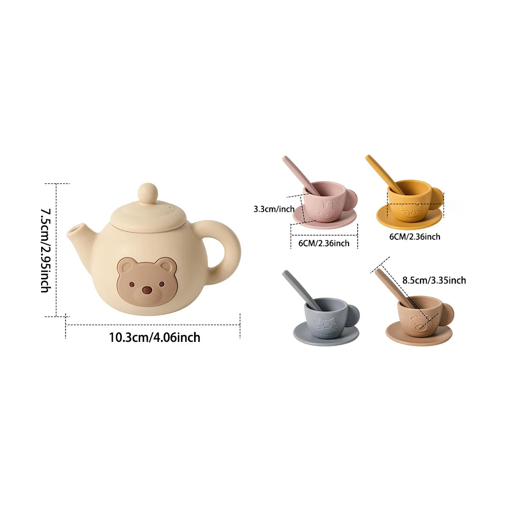 A set of silicone bear-themed pretend play teapot and cups for toddlers.