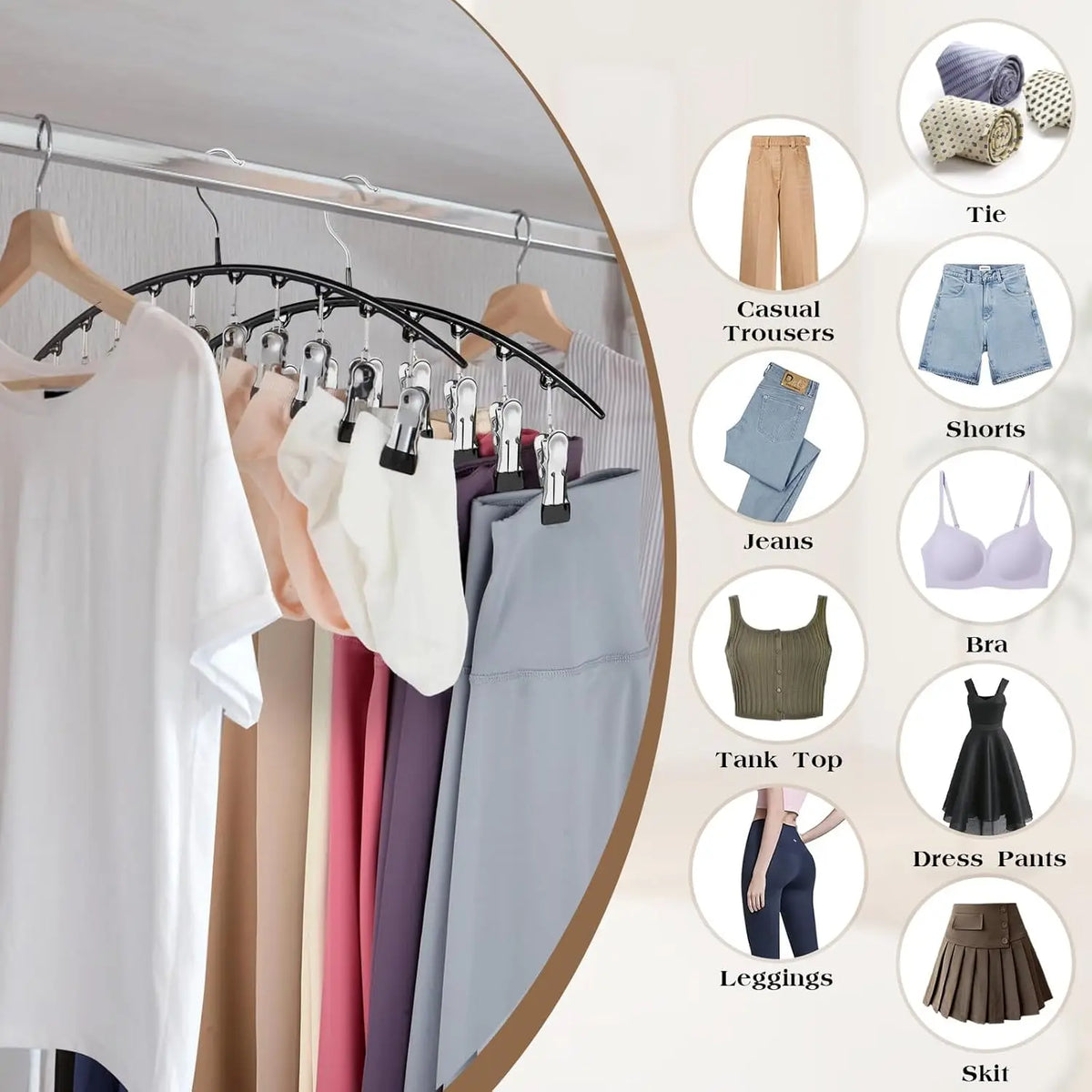 A display of various clothing items like casual trousers, shorts, jeans, bralettes, leggings, and a skirt hanging on a multi-