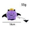 A purple plush doll with yellow tufts on its head, shown against a white background.