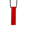 A red silicone sensory chew necklace pendant with a black cord.